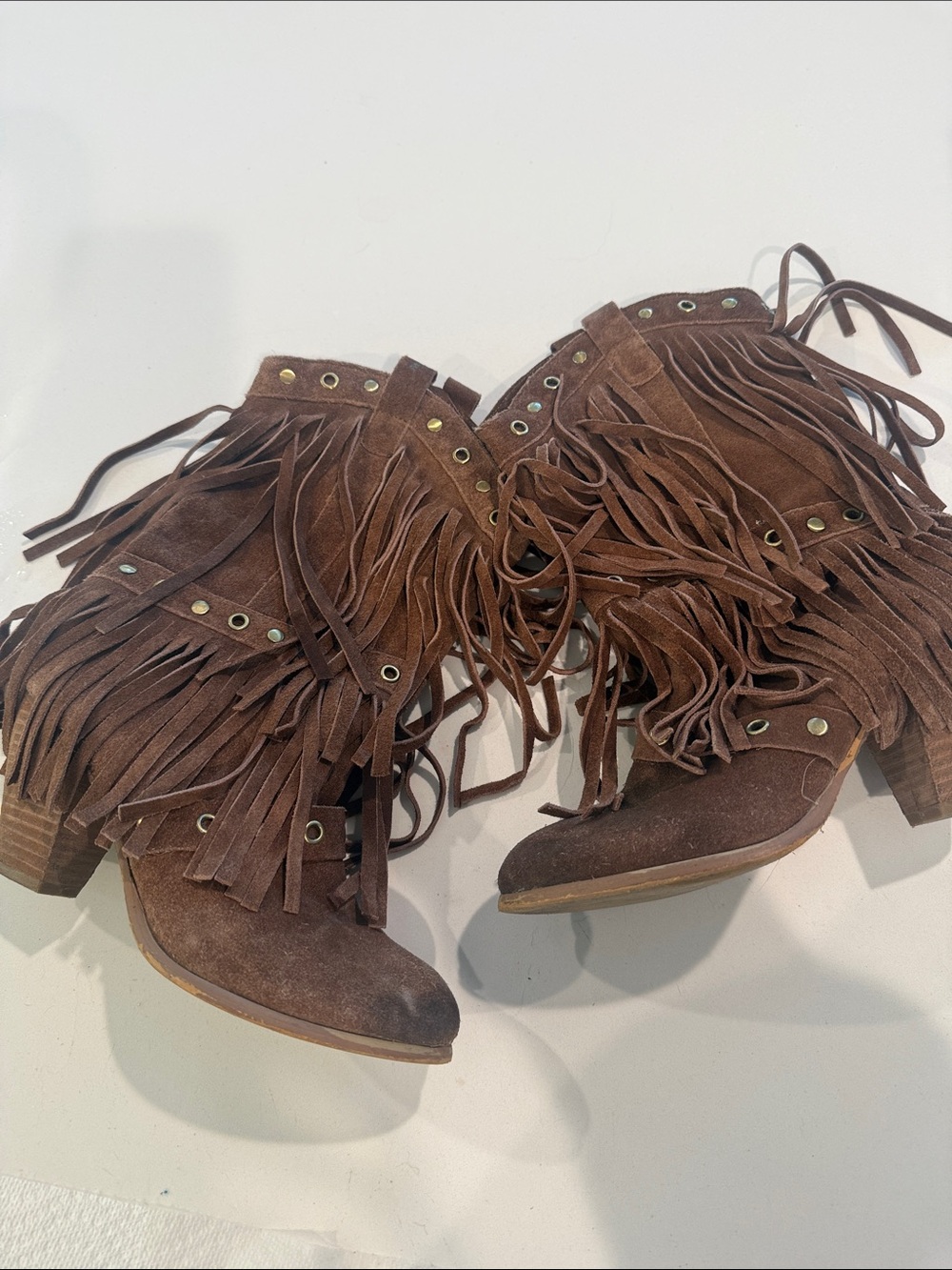 Naughty Monkey mid calf Brown Suede Fringe block heel western boots 8